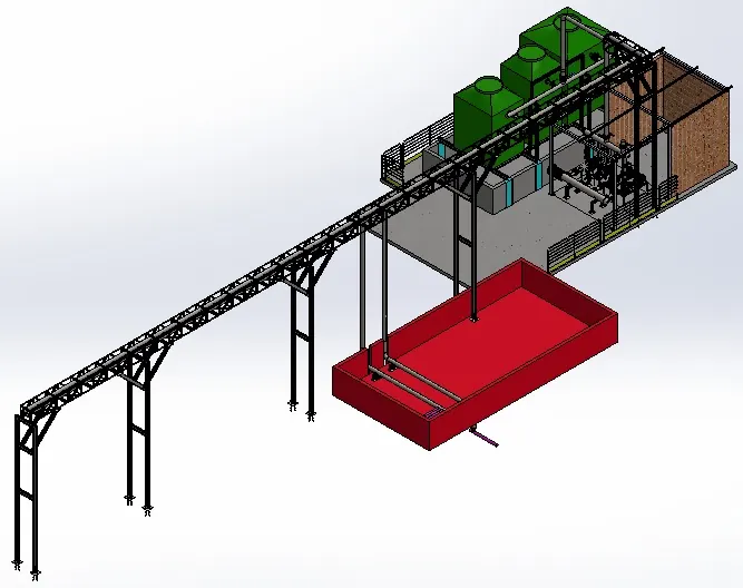 Modelo 3D: pipe rack treliçado, torres de resfriamento e bacia de contenção